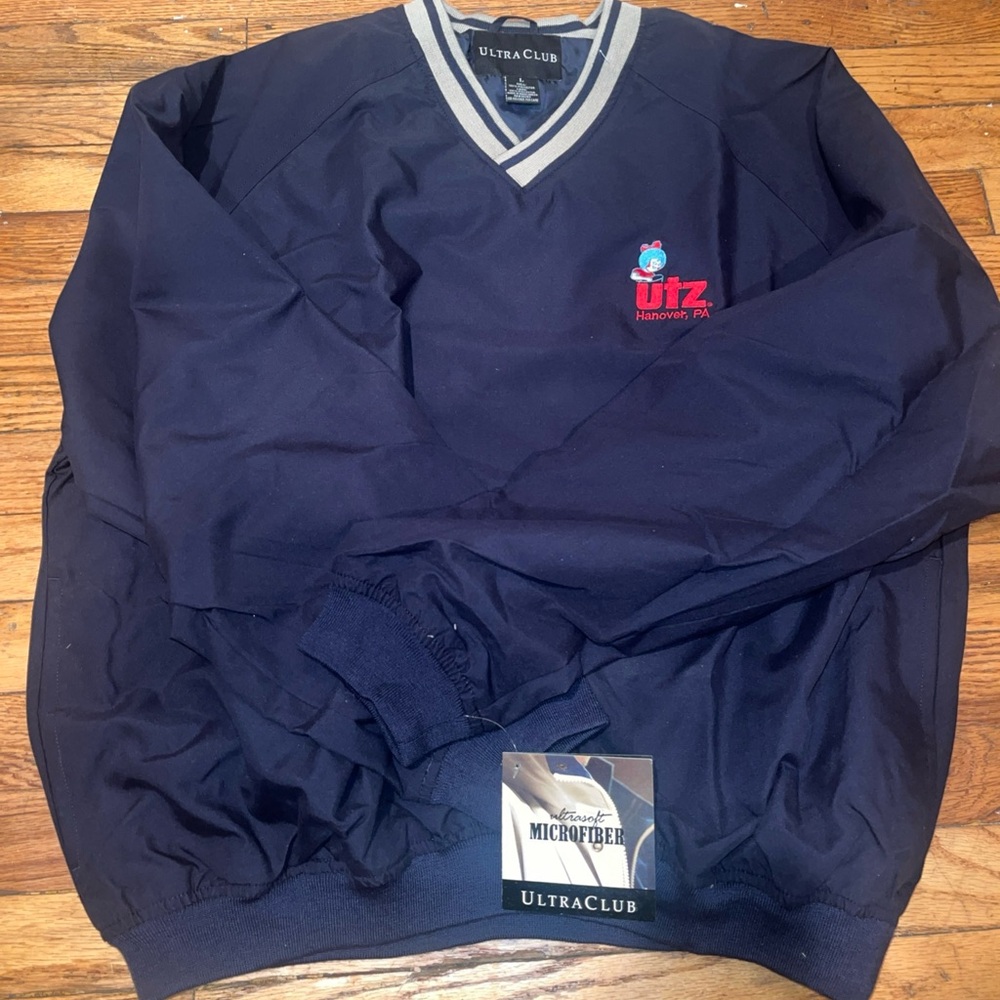 Utz Jacket Mens Large Blue-Black V-Neck Pullover Windbreaker NEW